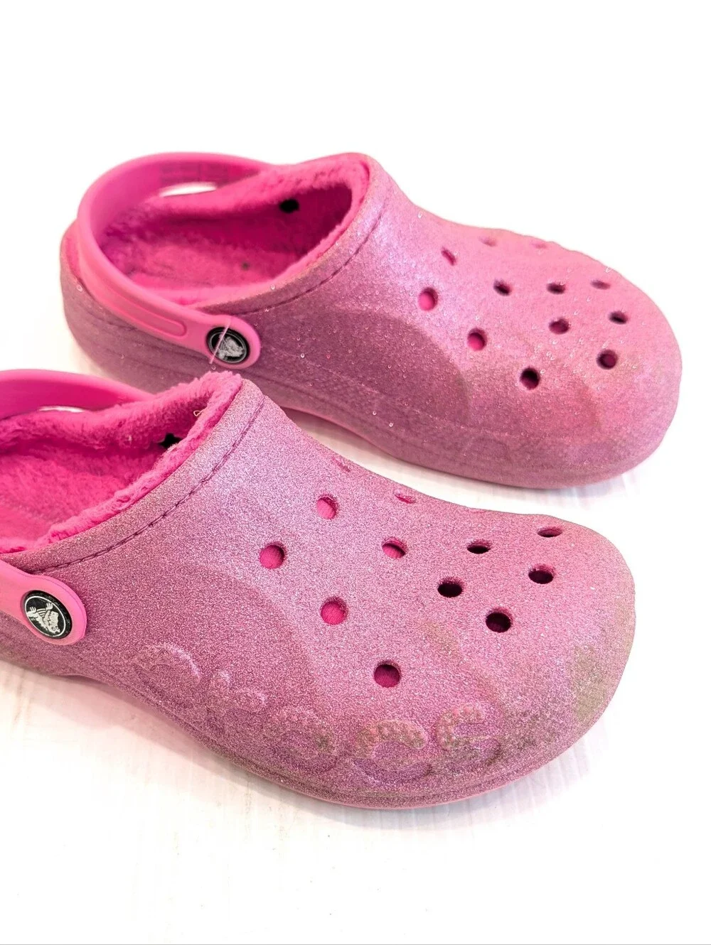 CROCS Girls Pink Glitter Fleece-Lined Clogs Size 3